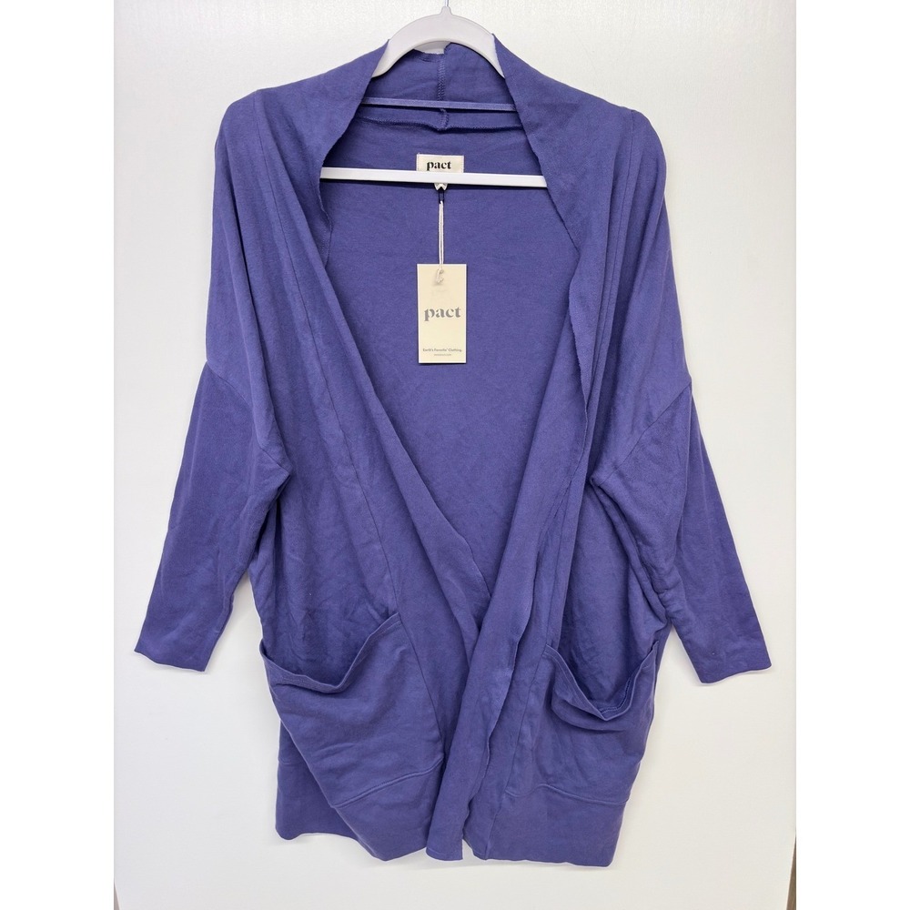 Pact Organic Cardigan Airplane wrap M/L Purple Cotton Pockets Granola Cozy Girl
